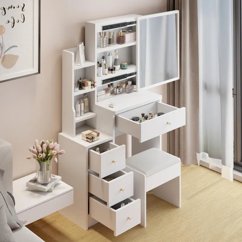 Makeup Vanity Desk Set with Sliding Mirror and Cushioned Stool