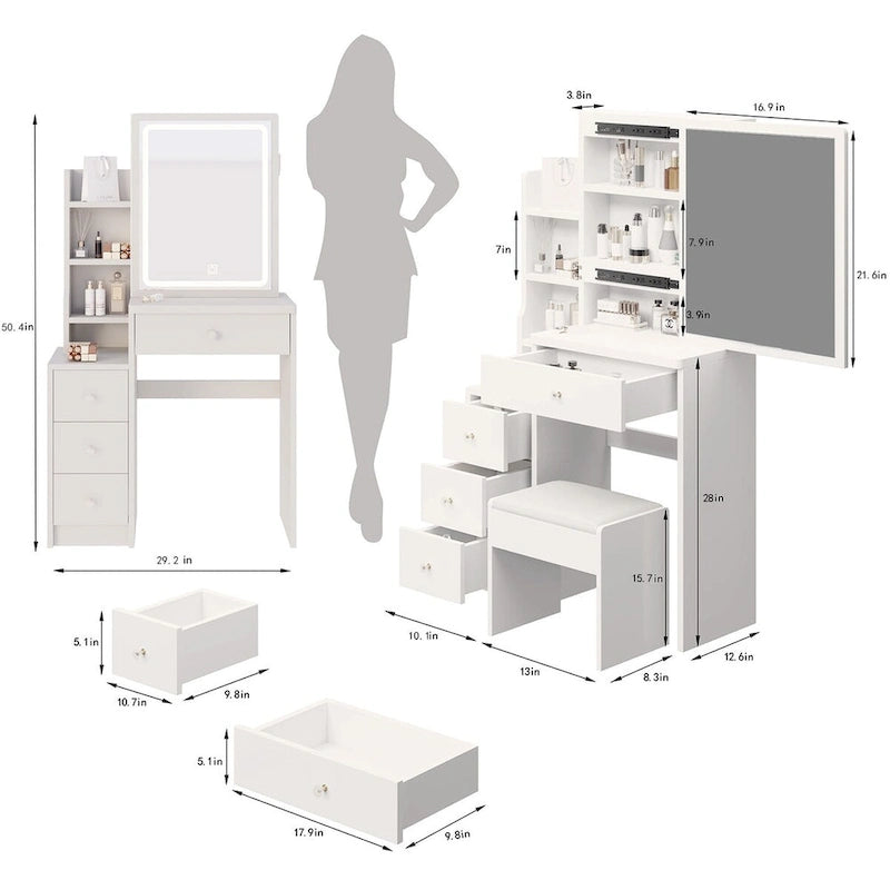 Makeup Vanity Desk Set with Sliding Mirror and Cushioned Stool