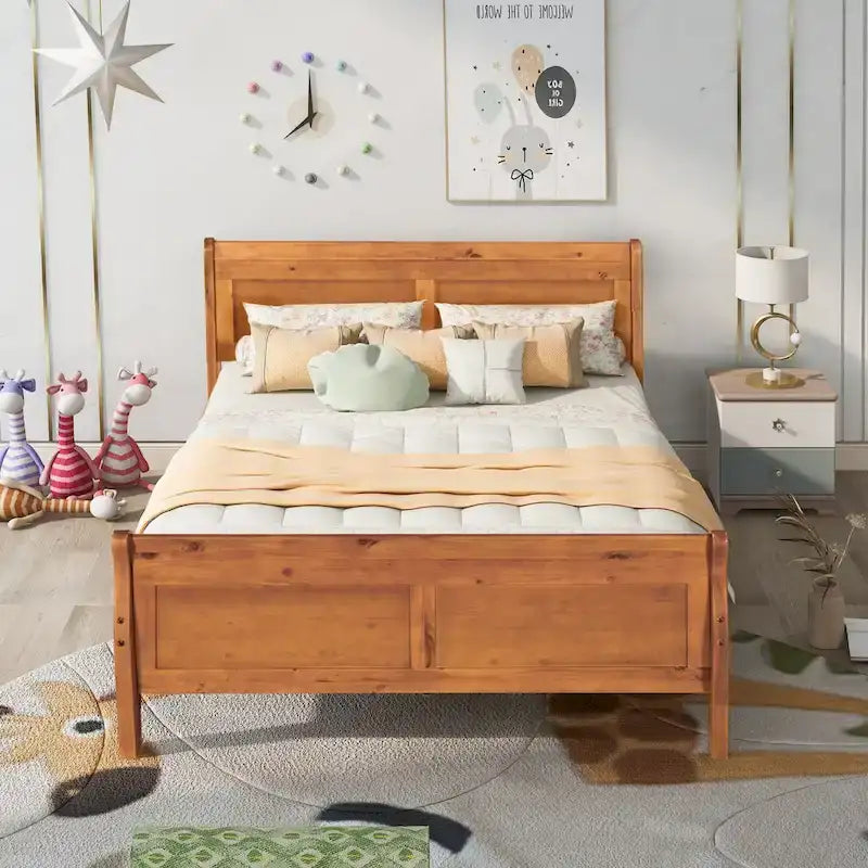 Full Size Wood Platform Bed with Headboard & Slat Support, Minimalist Design for Bedroom