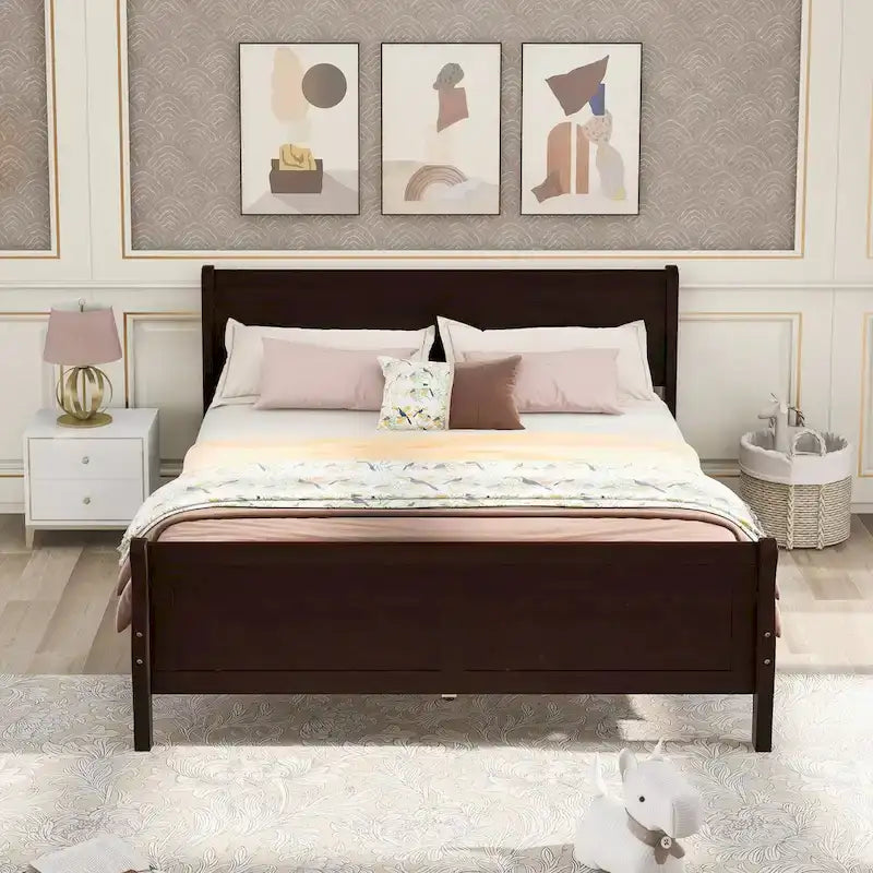 Full Size Wood Platform Bed with Headboard & Slat Support, Minimalist Design for Bedroom
