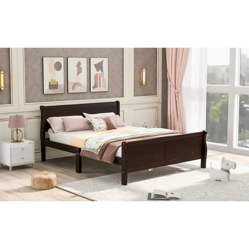 Full Size Wood Platform Bed with Headboard & Slat Support, Minimalist Design for Bedroom