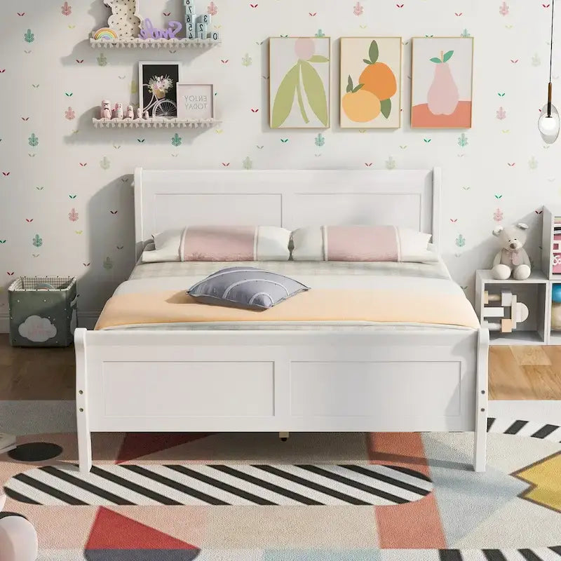 Full Size Wood Platform Bed with Headboard & Slat Support, Minimalist Design for Bedroom