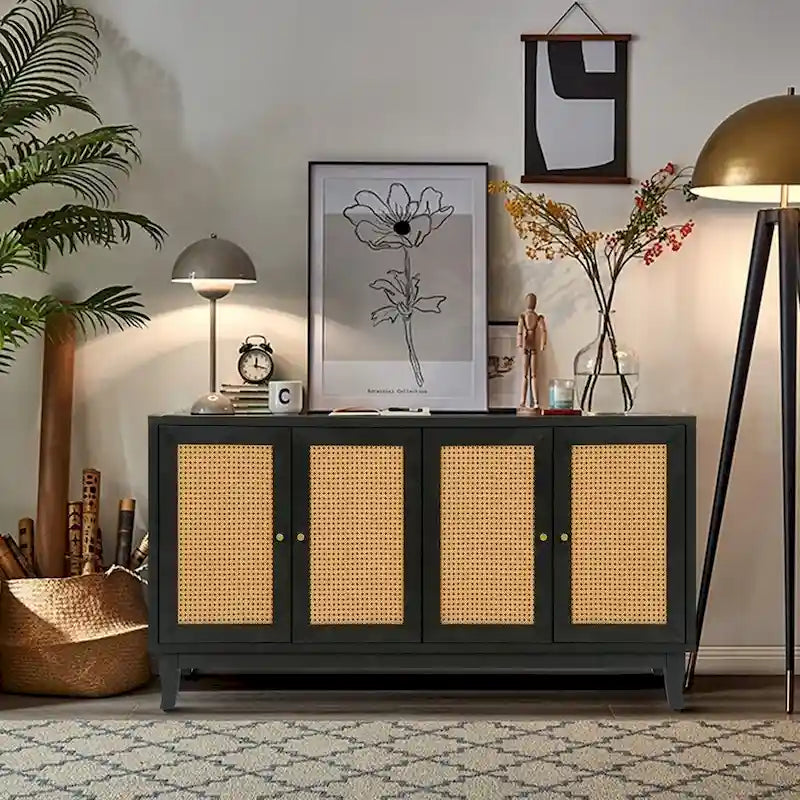 Rattan Sideboard Buffer Cabinet,Accent Storage Cabinet With 4 Rattan Doors