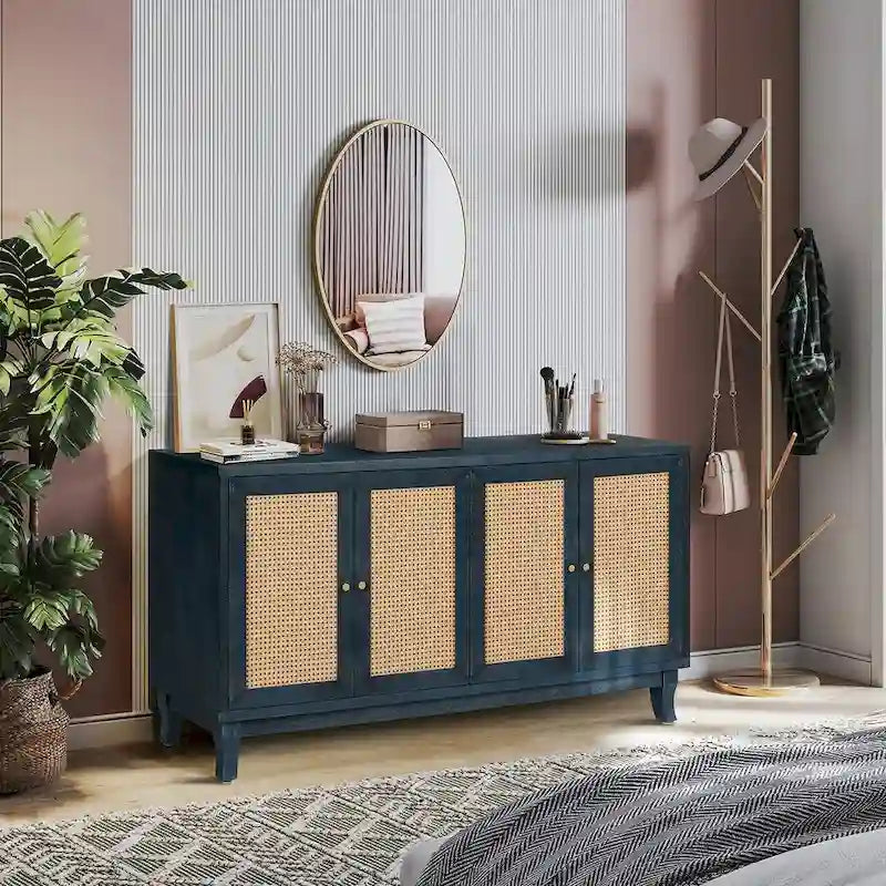 Rattan Sideboard Buffer Cabinet,Accent Storage Cabinet With 4 Rattan Doors