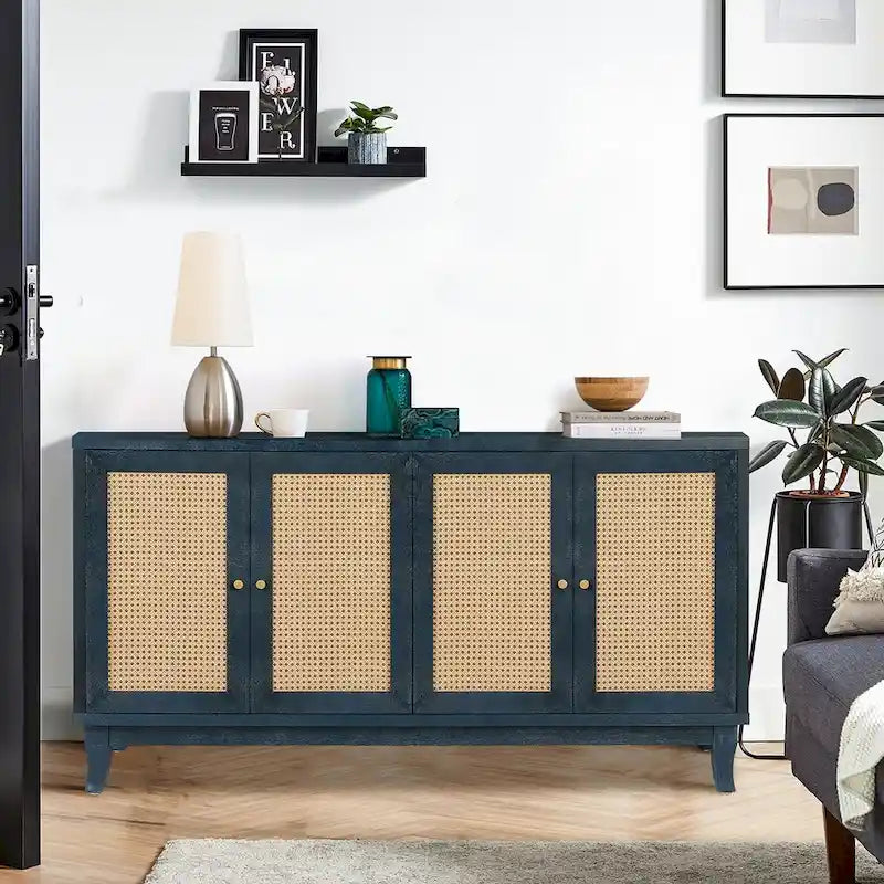 Rattan Sideboard Buffer Cabinet,Accent Storage Cabinet With 4 Rattan Doors