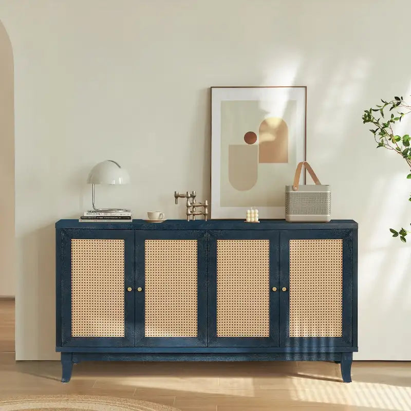 Rattan Sideboard Buffer Cabinet,Accent Storage Cabinet With 4 Rattan Doors