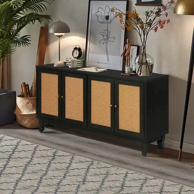 Rattan Sideboard Buffer Cabinet,Accent Storage Cabinet With 4 Rattan Doors