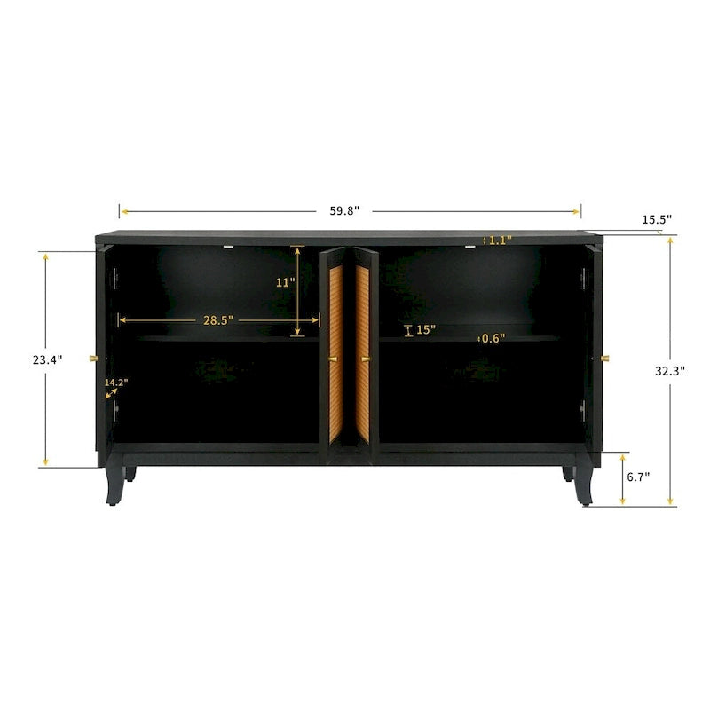 Rattan Sideboard Buffer Cabinet,Accent Storage Cabinet With 4 Rattan Doors