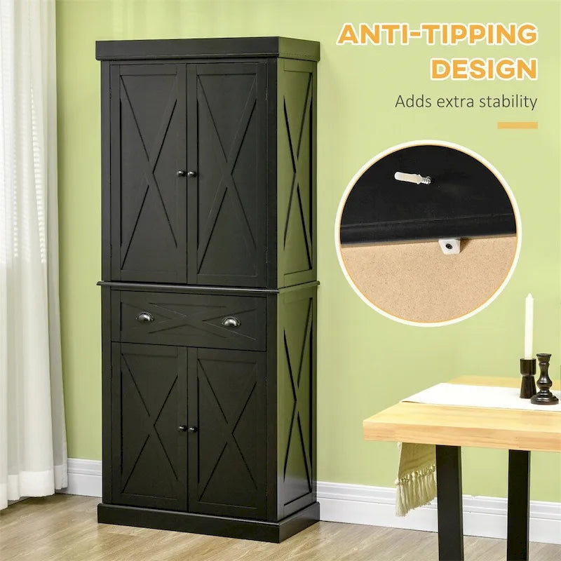 Freestanding 4 Door Kitchen Pantry Cabinet with 6-Tiers, 1 Drawer