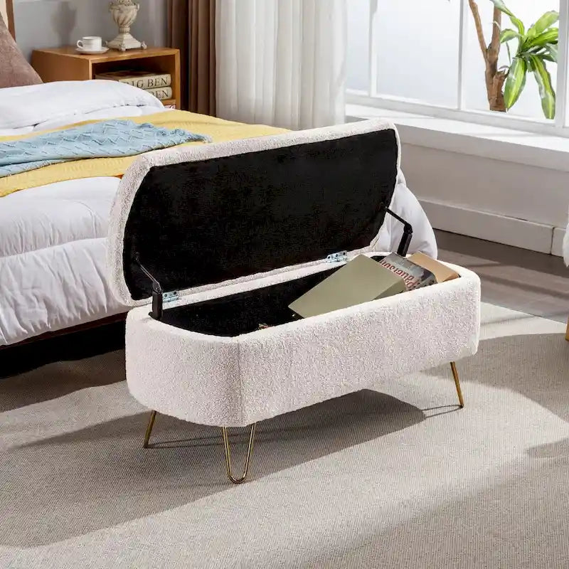 Storage Ottoman Bench for End of Bed Gold Legs, Modern Ivory White Faux Fur Entryway Bench Upholstered Padded with Storage