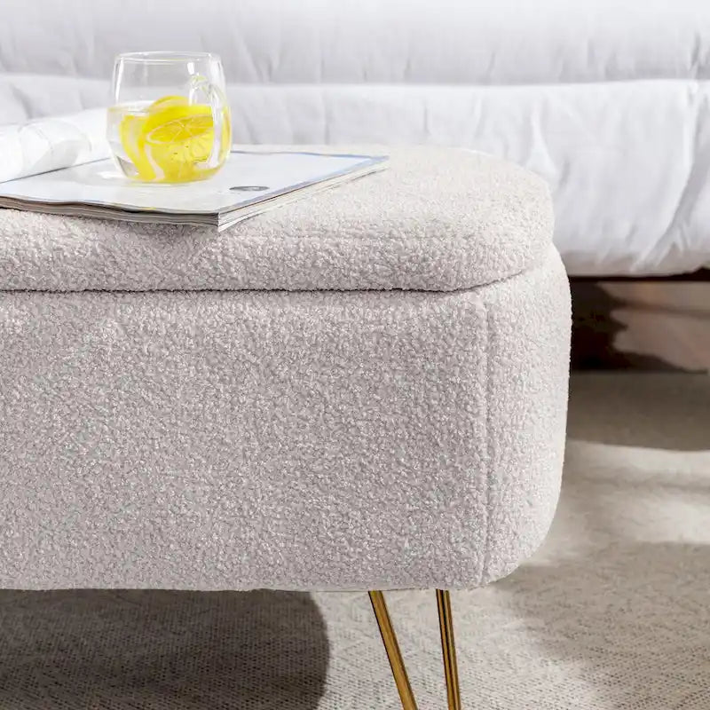Storage Ottoman Bench for End of Bed Gold Legs, Modern Ivory White Faux Fur Entryway Bench Upholstered Padded with Storage