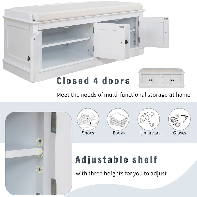 Storage Bench with 4 Doors and Adjustable Shelves, Shoe Bench with Removable Cushion for Living Room, Entryway