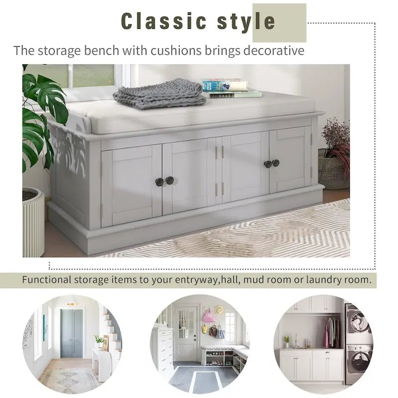 Storage Bench with 4 Doors and Adjustable Shelves, Shoe Bench with Removable Cushion for Living Room, Entryway