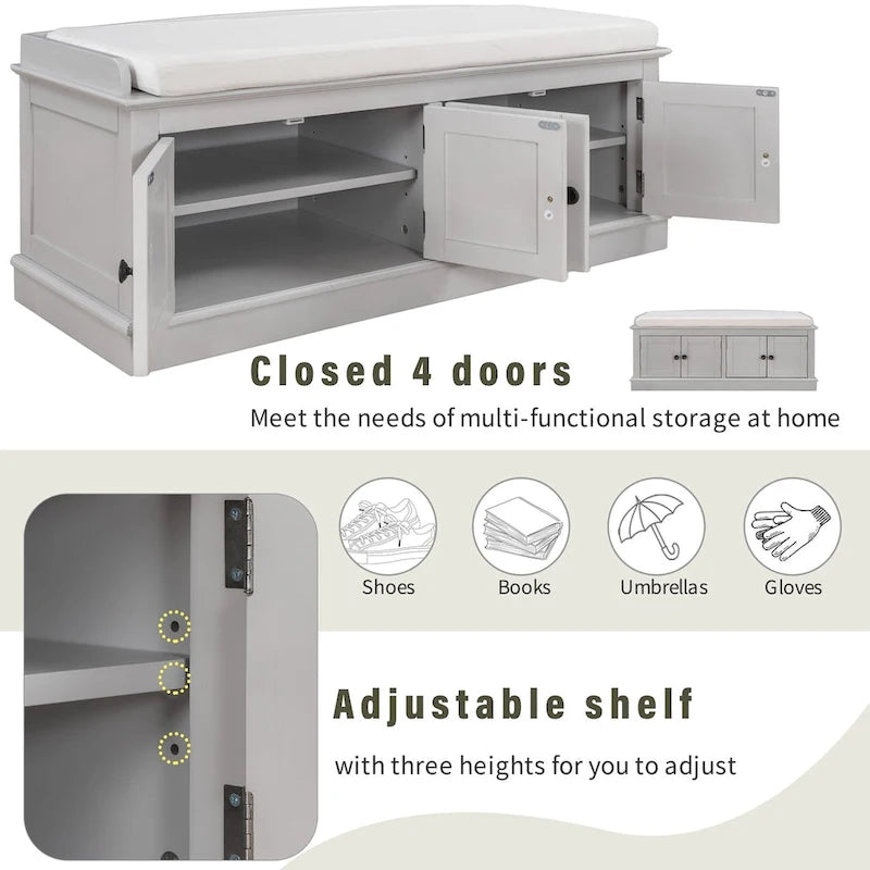 Storage Bench with 4 Doors and Adjustable Shelves, Shoe Bench with Removable Cushion for Living Room, Entryway