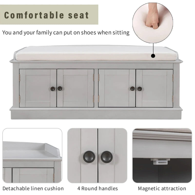 Storage Bench with 4 Doors and Adjustable Shelves, Shoe Bench with Removable Cushion for Living Room, Entryway