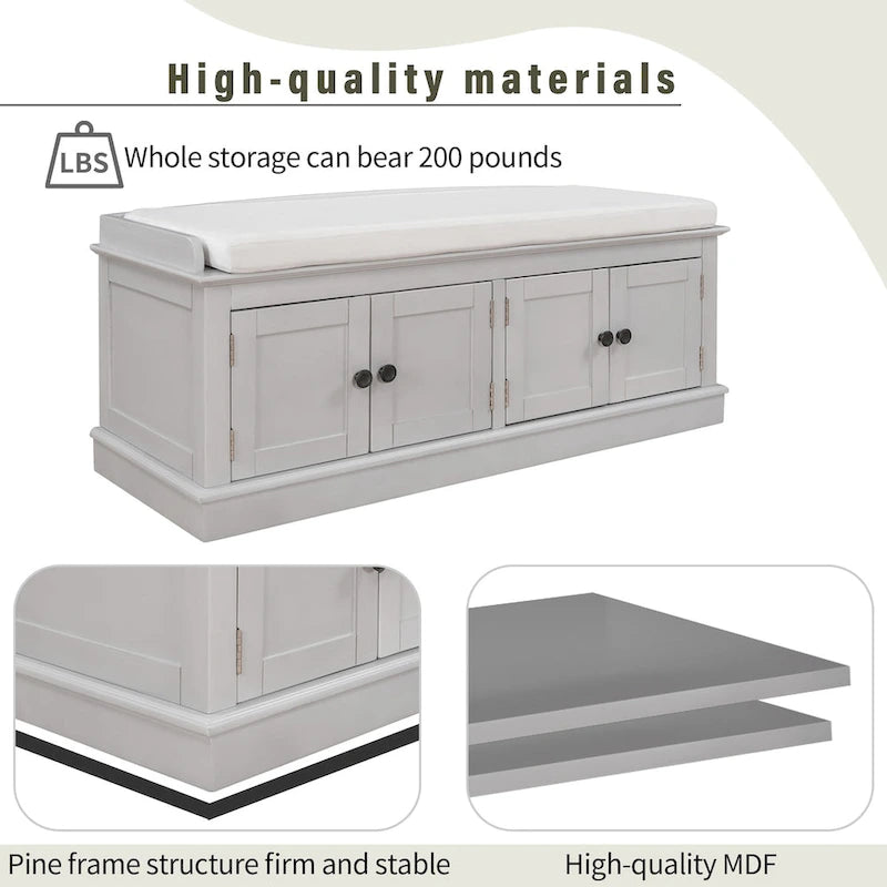 Storage Bench with 4 Doors and Adjustable Shelves, Shoe Bench with Removable Cushion for Living Room, Entryway