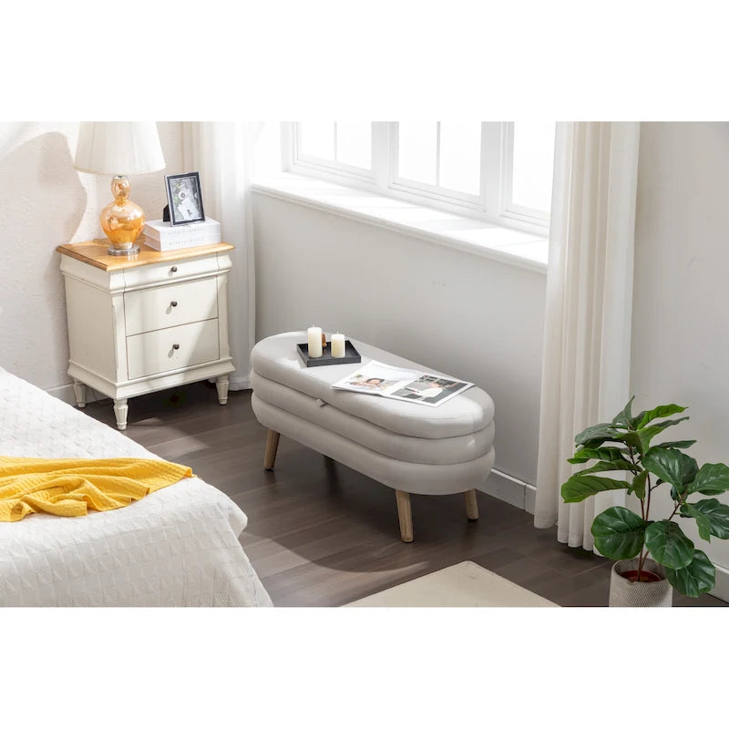 Velvet Fabric Storage Bench With Wood Legs For Living Room Bedroom