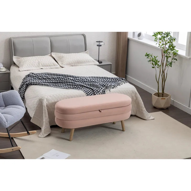 Velvet Fabric Storage Bench With Wood Legs For Living Room Bedroom