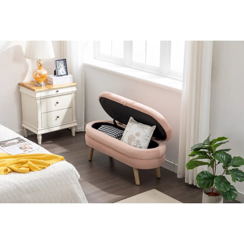 Velvet Fabric Storage Bench With Wood Legs For Living Room Bedroom