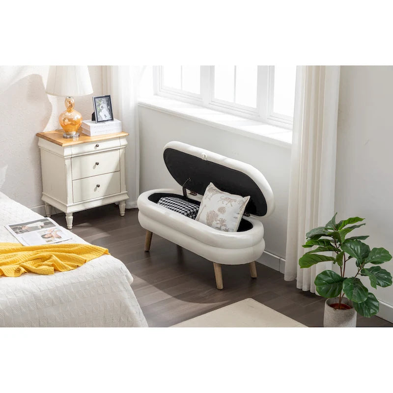 Velvet Fabric Storage Bench With Wood Legs For Living Room Bedroom