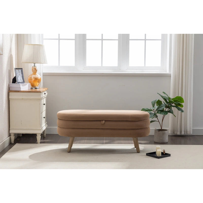 Velvet Fabric Storage Bench With Wood Legs For Living Room Bedroom