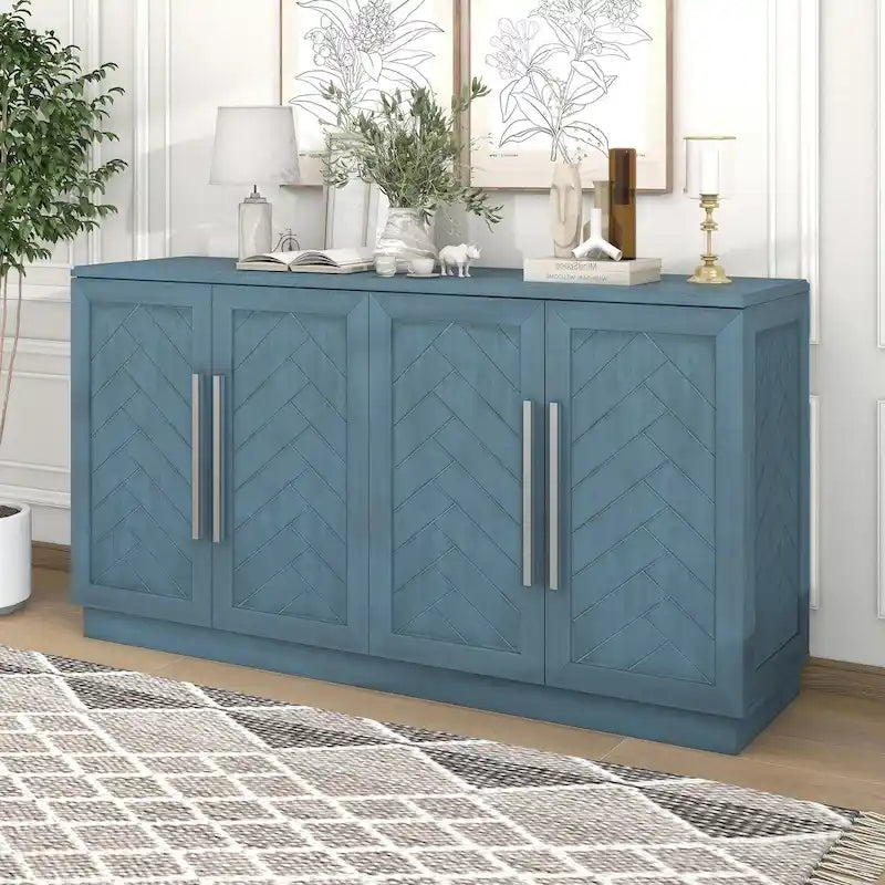 Sideboard with 4 Doors Large Storage Space Buffet Cabinet with Adjustable Shelves and Silver Handles for Kitchen