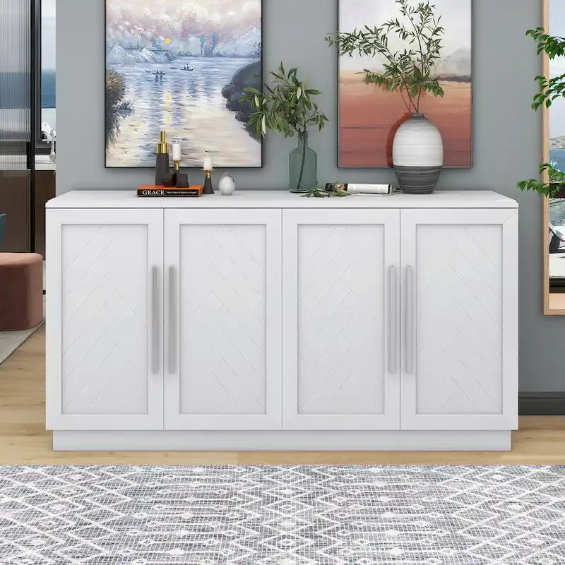 Sideboard with 4 Doors Large Storage Space Buffet Cabinet with Adjustable Shelves and Silver Handles for Kitchen