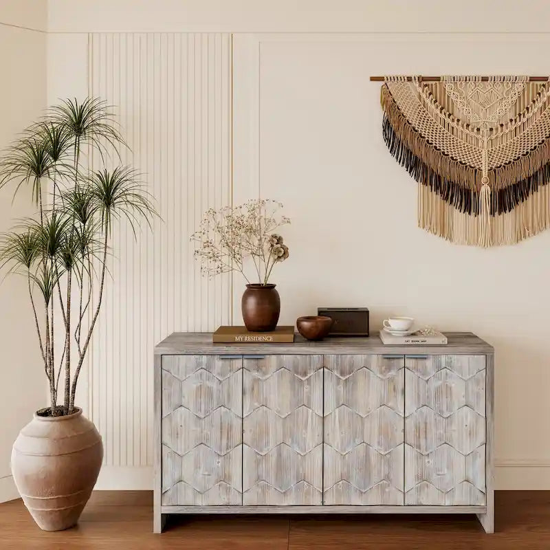 Accent Cabinet Farmhouse Style 4 Door Wooden Cabinet Sideboard Buffet Server Cabinet Storage Cabinet, for Living Room