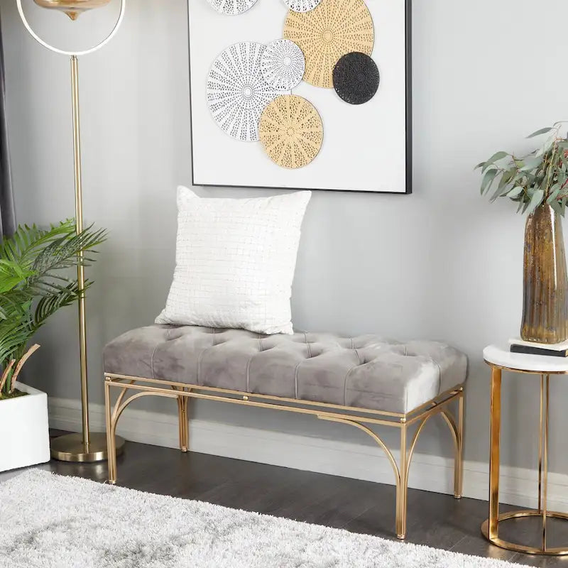 Metal Bench with Velvet Seat - Gray, Black or White - Roche River Decor