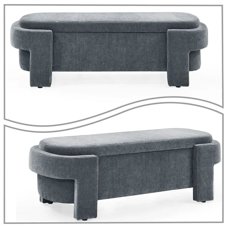 French Minimalist Fabric Upholstered Storage Bench with Four Upholstered Legs
