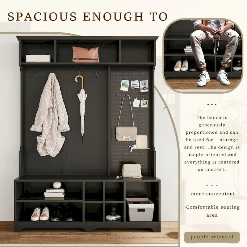 Hall Tree with Shoe Bench, Coat Rack ,Shoe Storage ,Storage Shelves and Pegboard, for Hallways, Halls and Bedrooms, Black