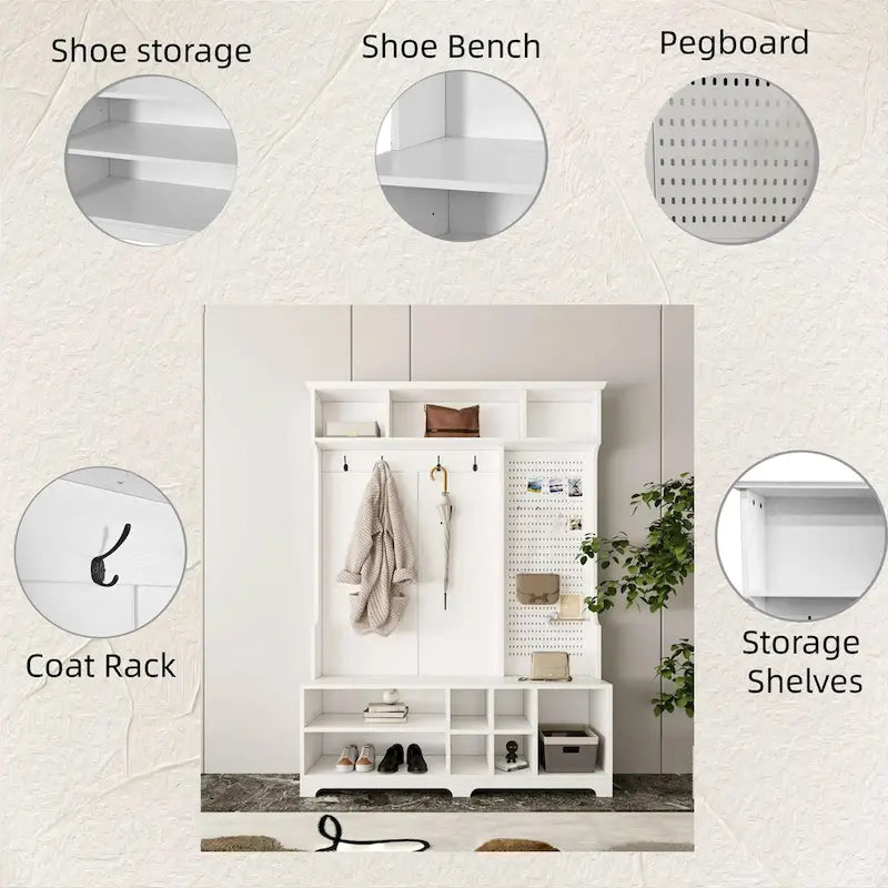 Hall Tree with Shoe Bench, Coat Rack ,Shoe Storage ,Storage Shelves and Pegboard, for Hallways, Halls and Bedrooms, Black