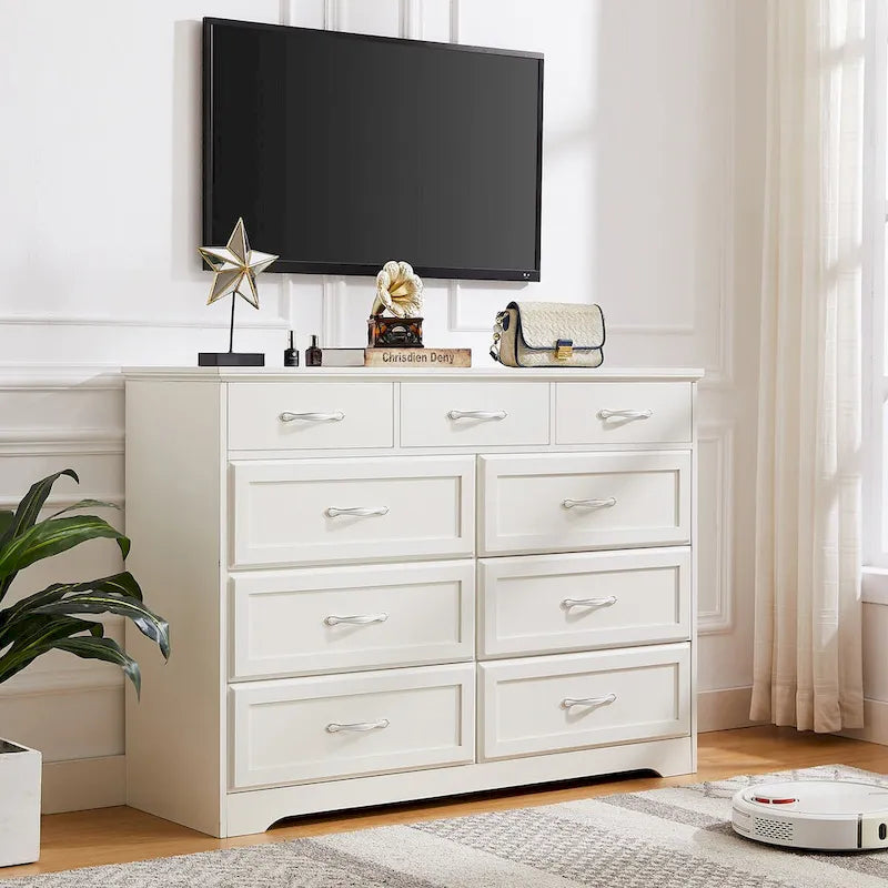 Bedroom dresser, 9 drawer long dresser with antique handles, wood chest of drawers for kids room, living room, entry and hallway