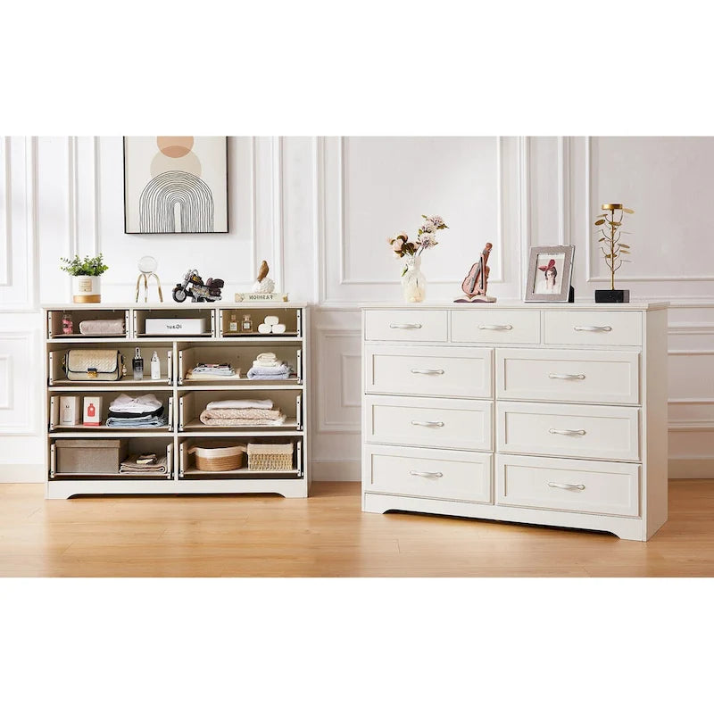 Bedroom dresser, 9 drawer long dresser with antique handles, wood chest of drawers for kids room, living room, entry and hallway