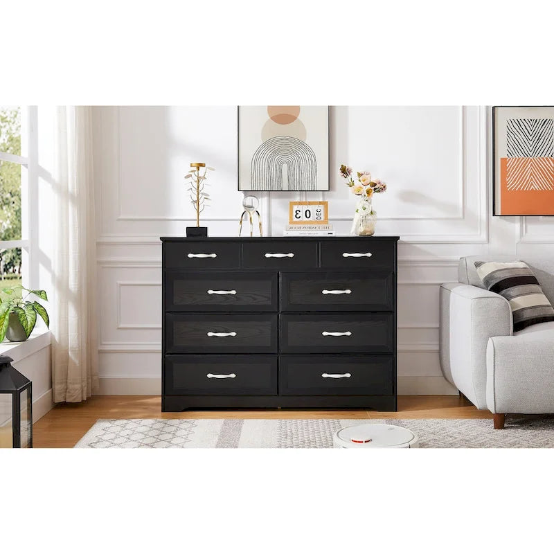 Bedroom dresser, 9 drawer long dresser with antique handles, wood chest of drawers for kids room, living room, entry and hallway