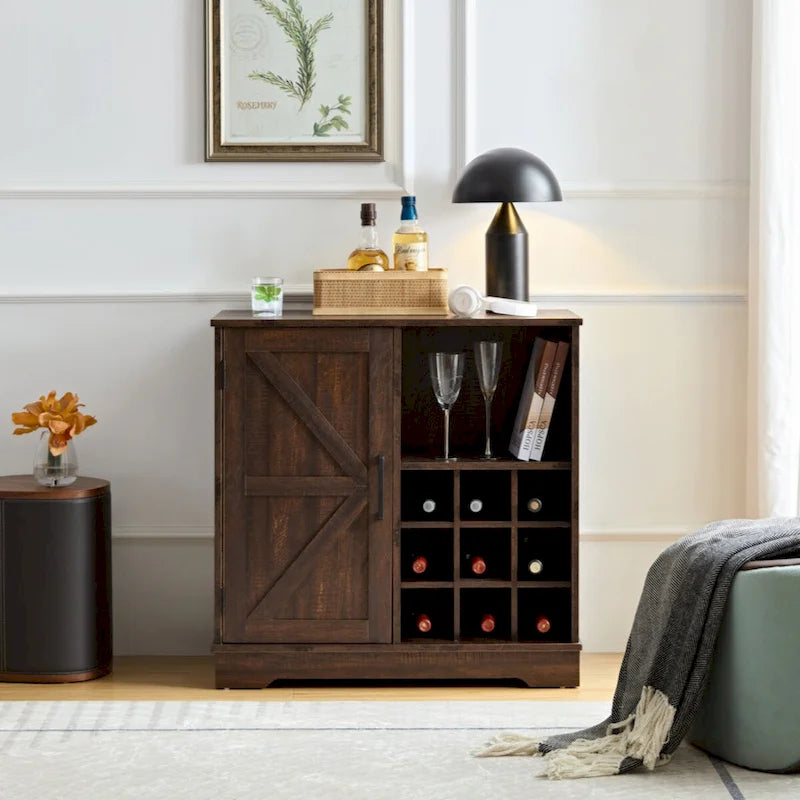 Farmhouse Coffee Bar Cabinet Bar Cabinet with Wine Rack Barn Door Buffet Sideboard Cabinet with Drawer