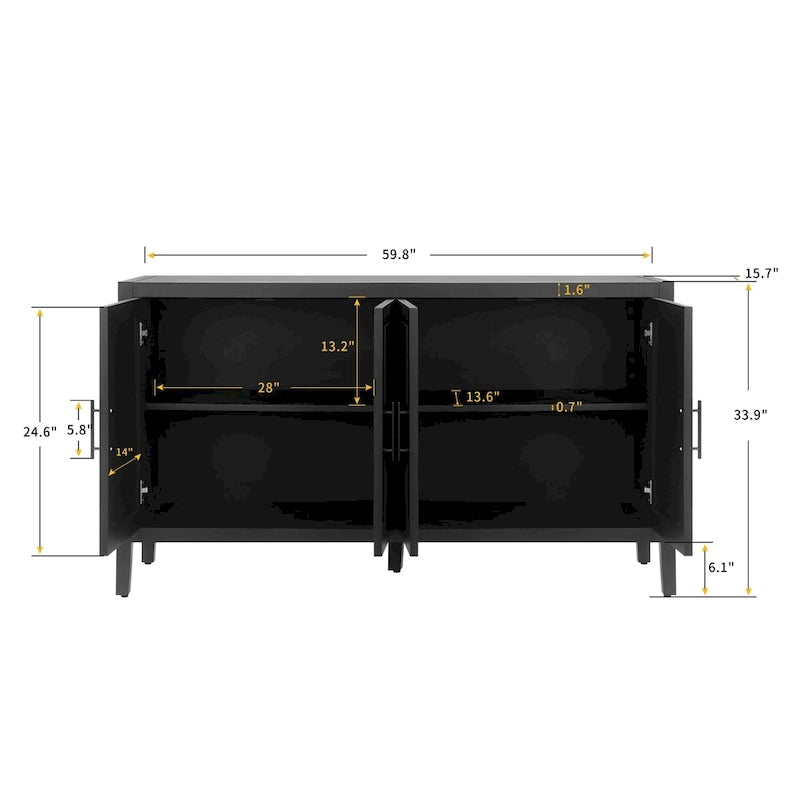 4 Door Wooden Twill Sideboard American Country Vintage Old Living Room