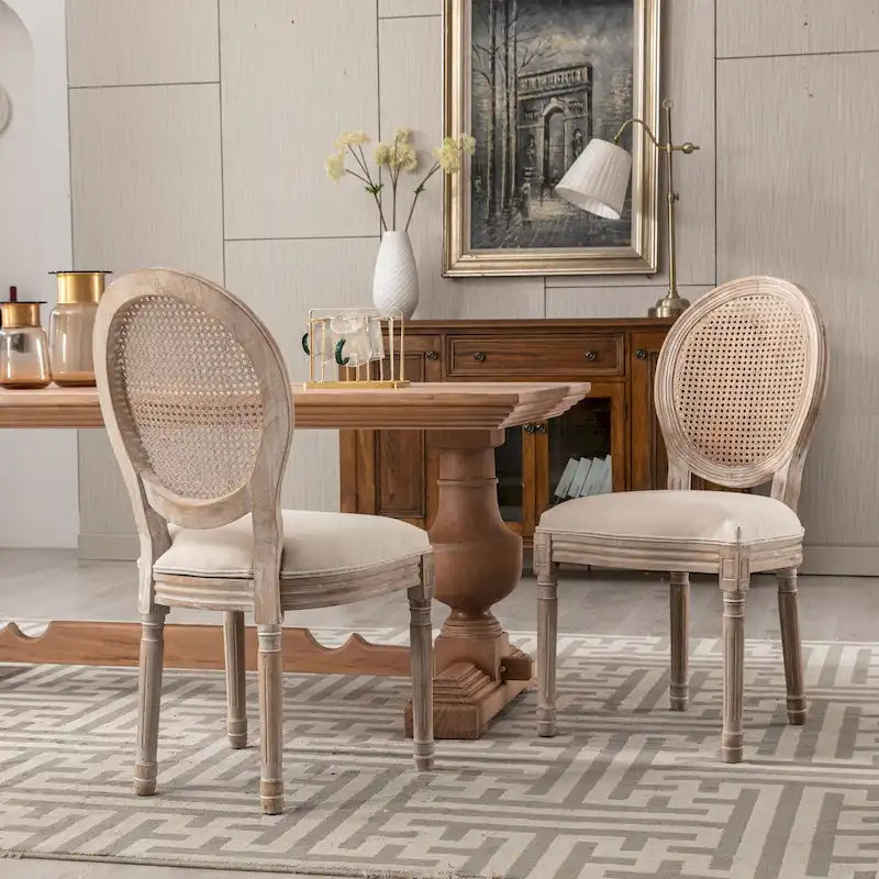 Grondi French Country Style Solid Rubber Wood and Cane Dining Chair Set of 2, Mid-Century Modern Side Chair with Rattan Backrest