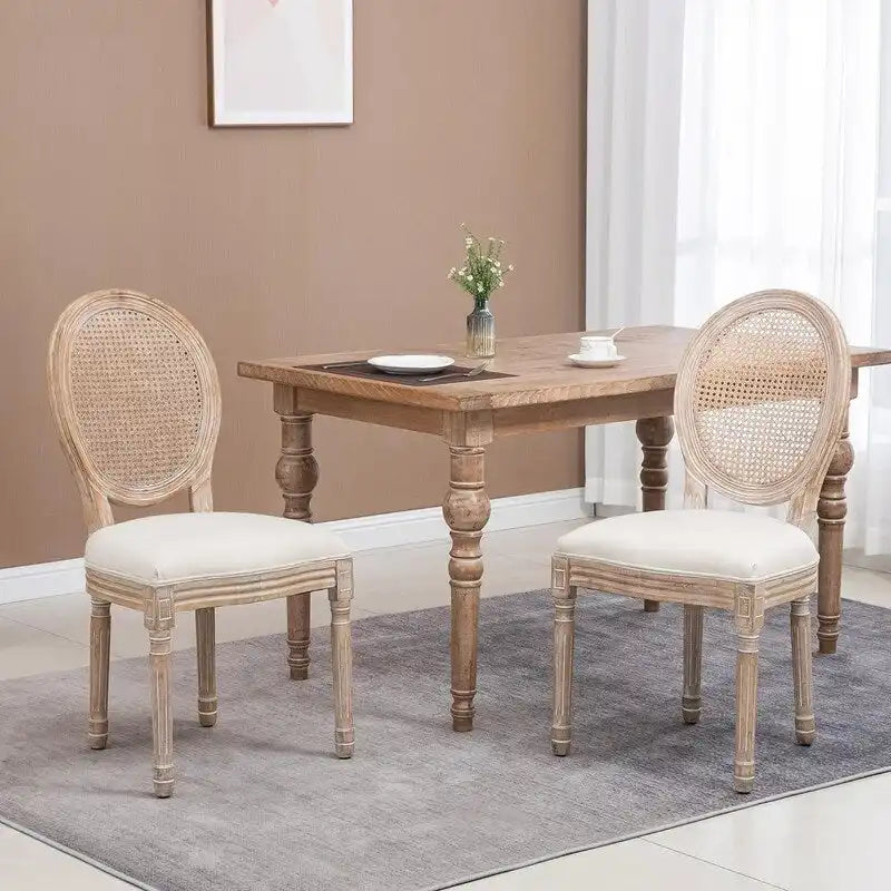 Grondi French Country Style Solid Rubber Wood and Cane Dining Chair Set of 2, Mid-Century Modern Side Chair with Rattan Backrest
