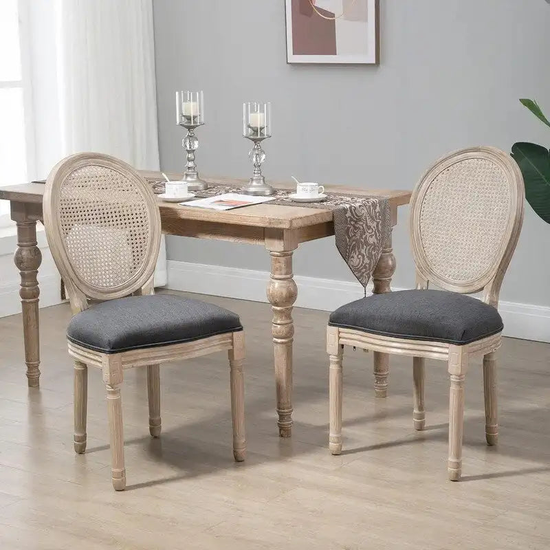 Grondi French Country Style Solid Rubber Wood and Cane Dining Chair Set of 2, Mid-Century Modern Side Chair with Rattan Backrest