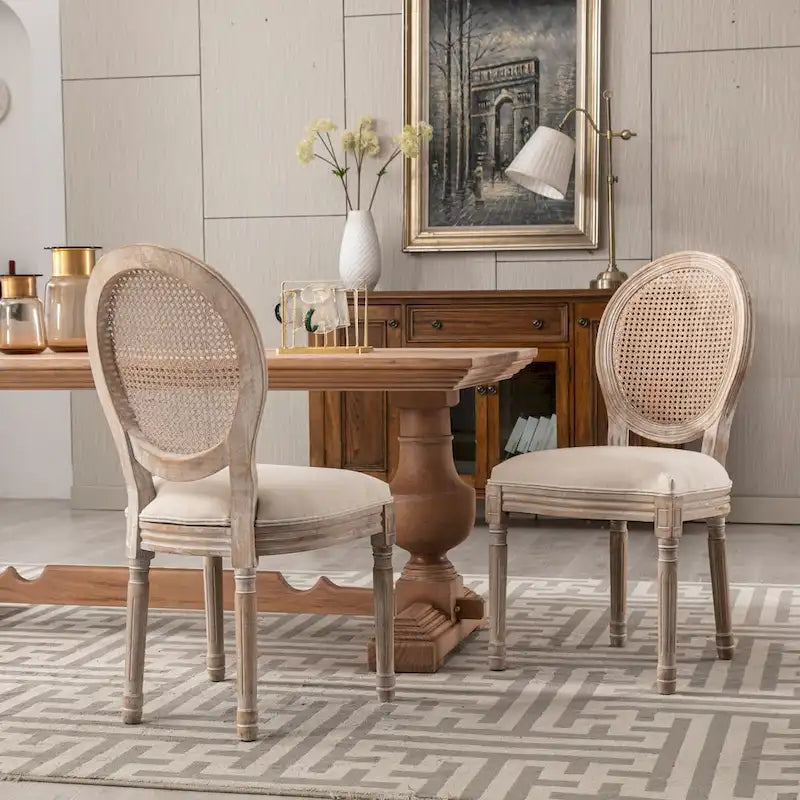 Grondi French Country Style Solid Rubber Wood and Cane Dining Chair Set of 2, Mid-Century Modern Side Chair with Rattan Backrest