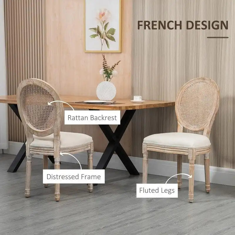 Grondi French Country Style Solid Rubber Wood and Cane Dining Chair Set of 2, Mid-Century Modern Side Chair with Rattan Backrest