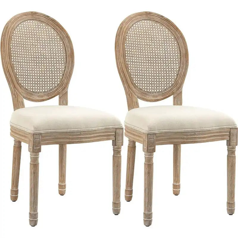 Grondi French Country Style Solid Rubber Wood and Cane Dining Chair Set of 2, Mid-Century Modern Side Chair with Rattan Backrest
