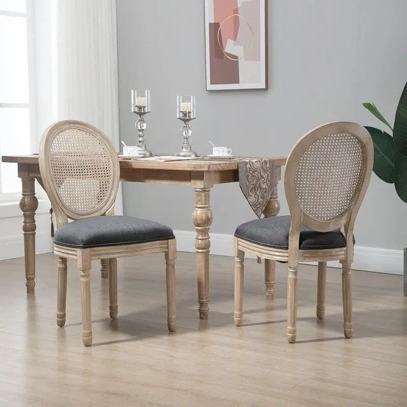 Grondi French Country Style Solid Rubber Wood and Cane Dining Chair Set of 2, Mid-Century Modern Side Chair with Rattan Backrest