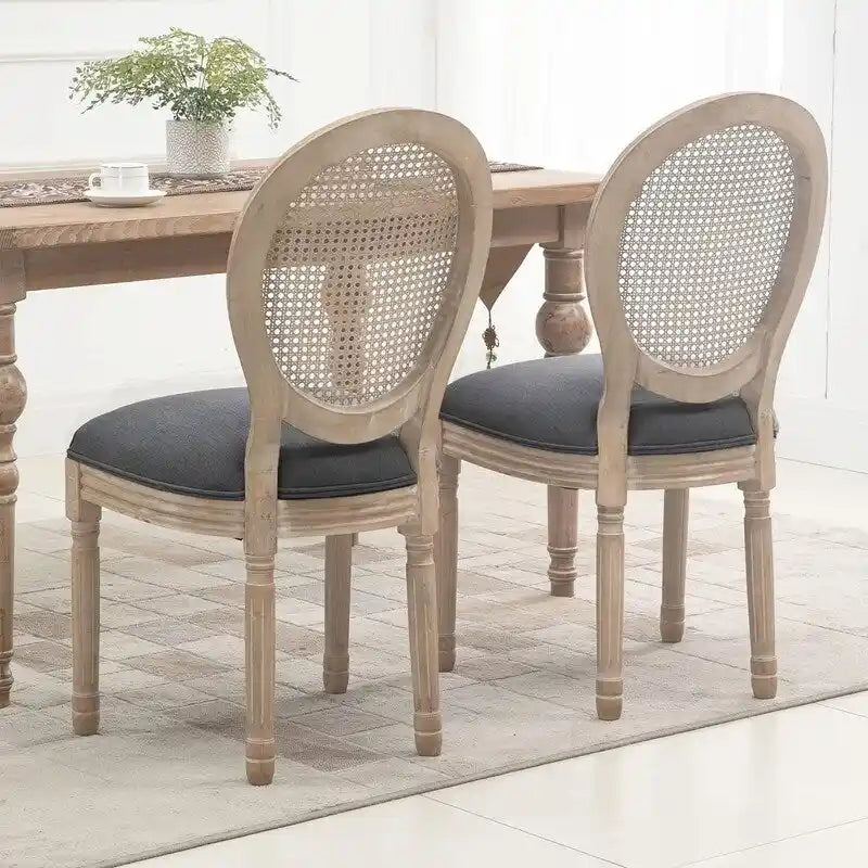 Grondi French Country Style Solid Rubber Wood and Cane Dining Chair Set of 2, Mid-Century Modern Side Chair with Rattan Backrest