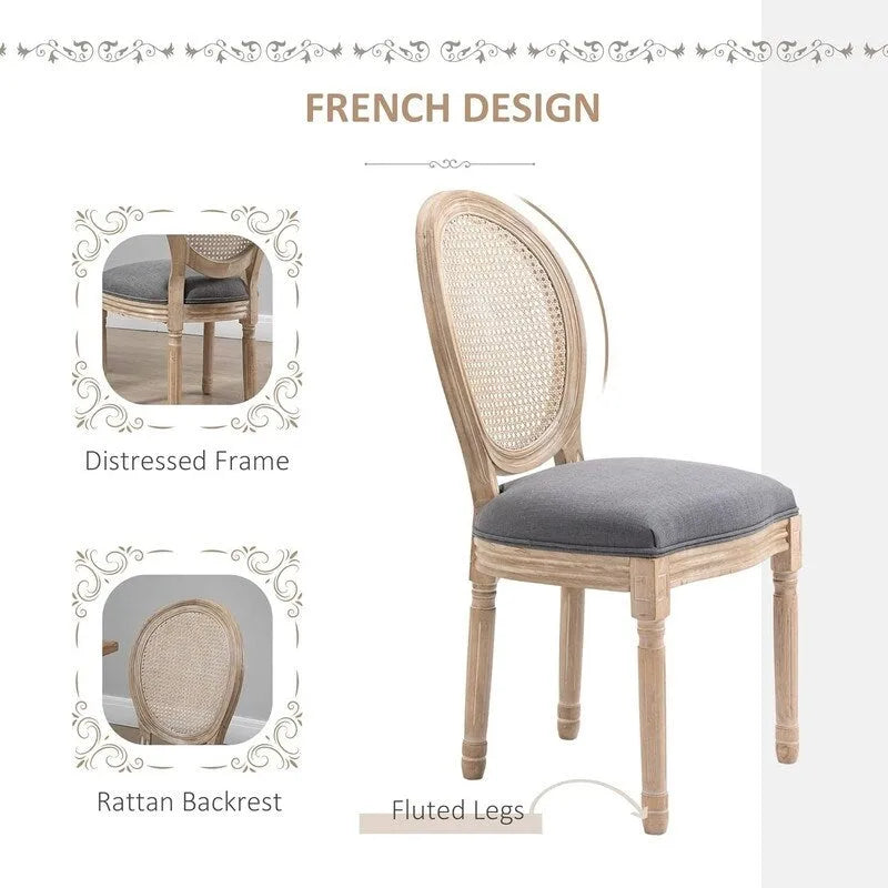 Grondi French Country Style Solid Rubber Wood and Cane Dining Chair Set of 2, Mid-Century Modern Side Chair with Rattan Backrest