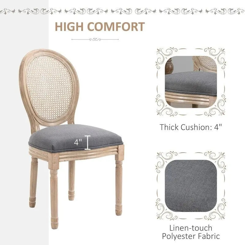 Grondi French Country Style Solid Rubber Wood and Cane Dining Chair Set of 2, Mid-Century Modern Side Chair with Rattan Backrest