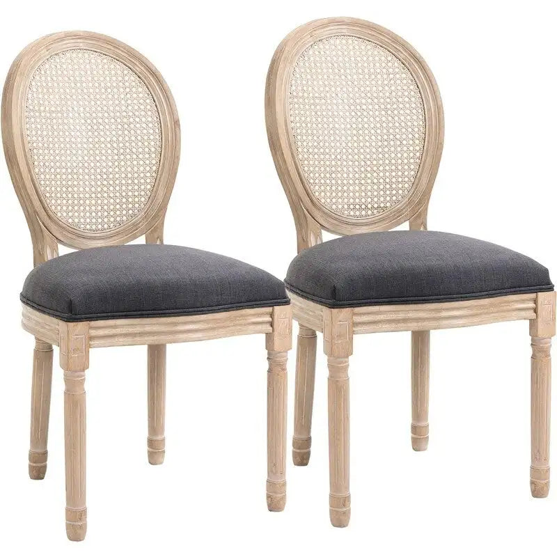 Grondi French Country Style Solid Rubber Wood and Cane Dining Chair Set of 2, Mid-Century Modern Side Chair with Rattan Backrest