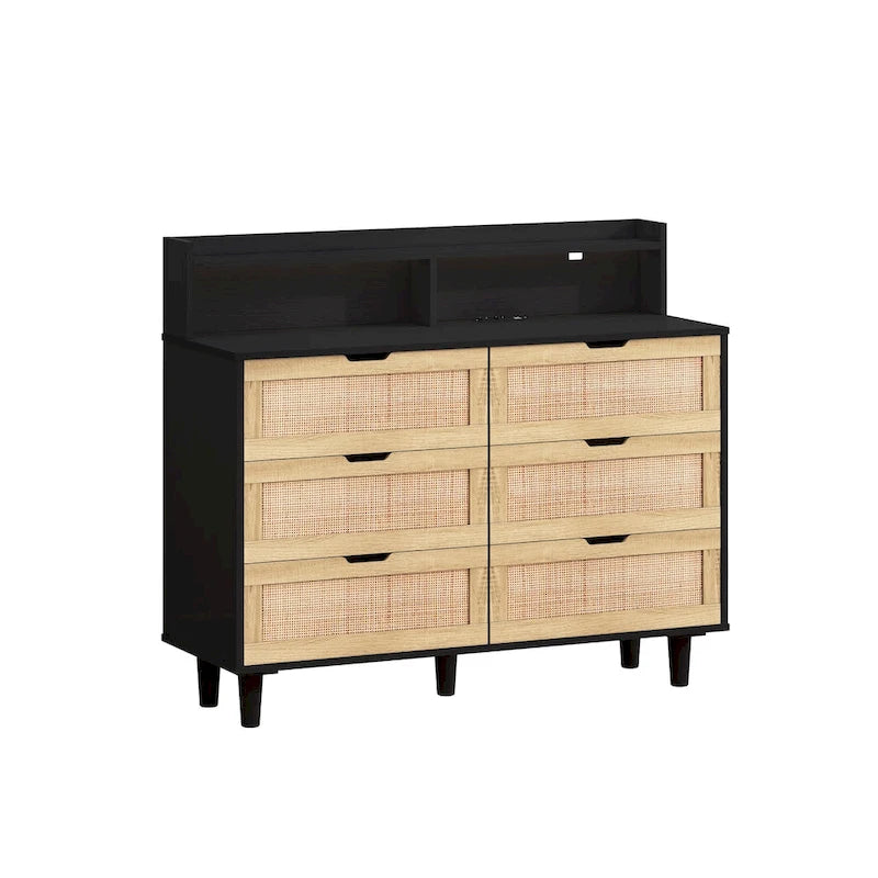 43.316-Drawers Rattan Storage Cabinet Rattan Drawer with LED Lights and Power Outlet,for Bedroom,Living Room