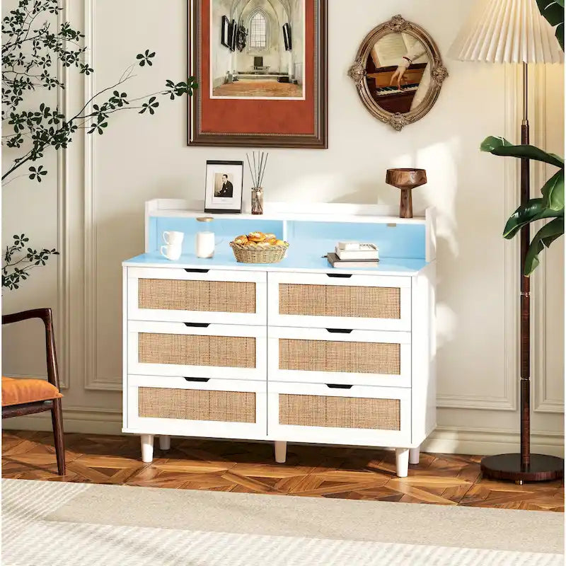 43.316-Drawers Rattan Storage Cabinet Rattan Drawer with LED Lights and Power Outlet,for Bedroom,Living Room